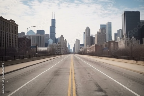 Empty road with city buildings background. Modern highway construction. Way to success. Transportation logistics. Fast delivery. Chicago, USA. Generative AI