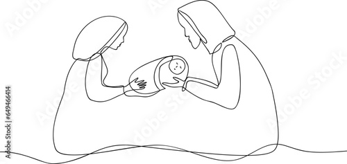 Joseph and Mary with the Baby. Vector illustration in the style of one line.