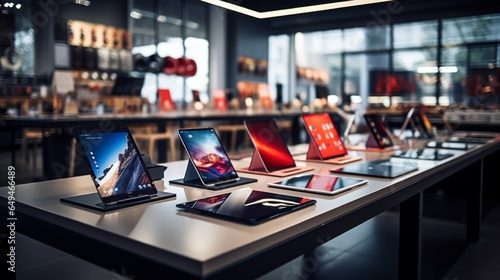 A neat display of smartphones and tablets in an electronics store. photo