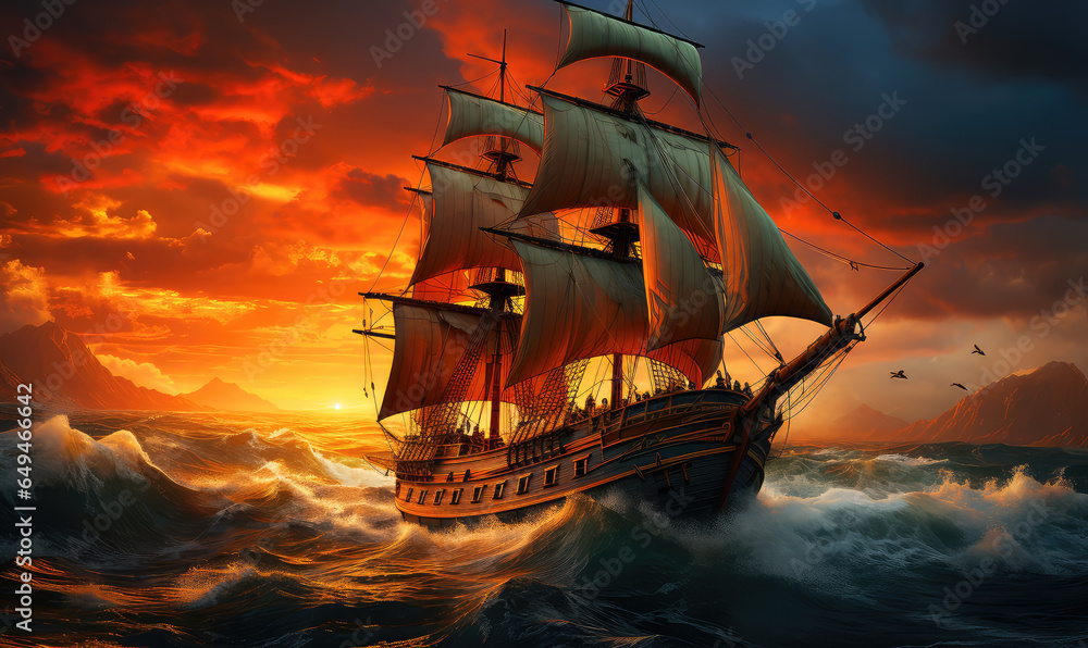 Obraz premium Majestic Vessel Confronting the Overwhelming Might of a Tempestuous Ocean - Generative AI