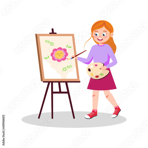 Vector illustration of a smiling girl drawing a picture. Cartoon scene with a girl holding a palette, standing at an easel and drawing a beautiful picture with a bone isolated on a white background.