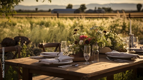 A rustic wooden table set up for a farm-to-table dining experience.