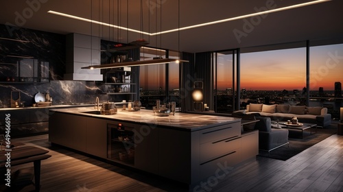 A spacious, modern kitchen in a luxurious apartment.