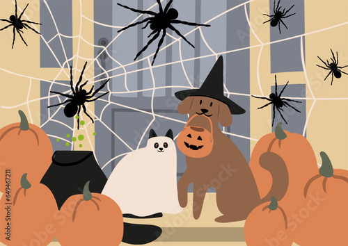 Halloween poster with characters and pets in costumes, October festival printable card, Outdoor party wall art print, Flat style vector illustration clipart, Digital download, witch ghost cat dog.