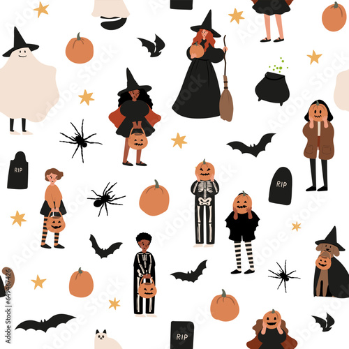 Halloween seamless pattern, Kids and pets in costumes digital paper, Pumpkin face background, Ghost cat dog vector illustration clipart, witch scrapbook paper, October festival, flat style images.