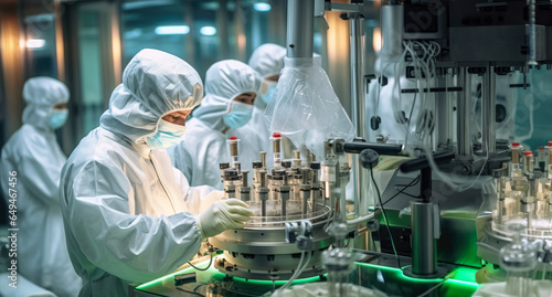 Pharmaceutical factory, researchers and workers in protective suits developing new drugs or medicines. Biopharmaceutical lab as imagined by Generative AI