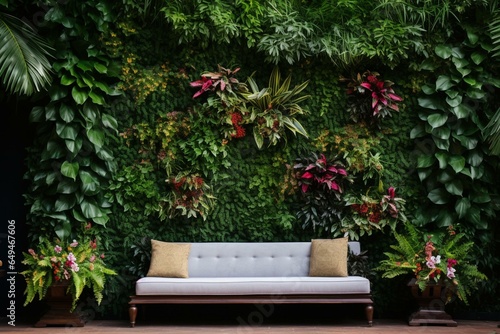 Assorted lush green foliage with floral accents covers the entire wall. Generative AI