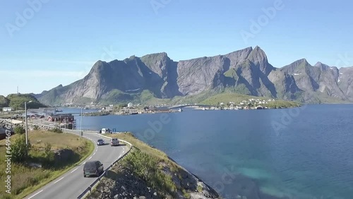 Aerial drone footage over fjords and mountains in Northern Norway and Lofoten islands