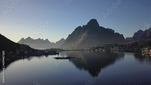 Aerial drone footage over fjords and mountains in Northern Norway and Lofoten islands photo