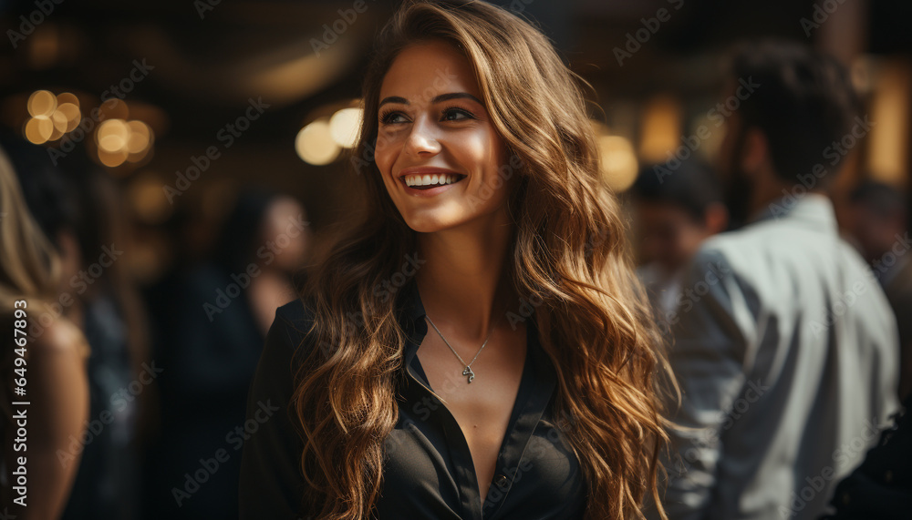 Young women smiling, looking at camera, outdoors, enjoying city nightlife generated by AI