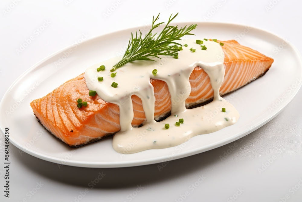 A piece of cooked salmon fish filet steak with sour cream bechamel sauce and fresh green dill, close-up. A piece of cooked salmon fish filet steak with sour cream bechamel sauce and fresh green dill, close-up.