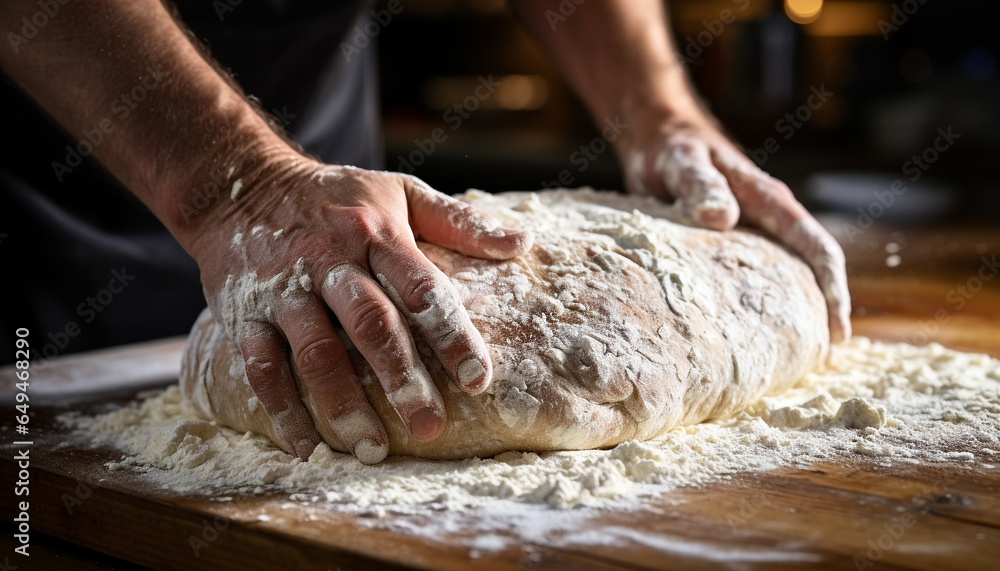 One person preparing homemade bread, kneading dough on table generated by AI