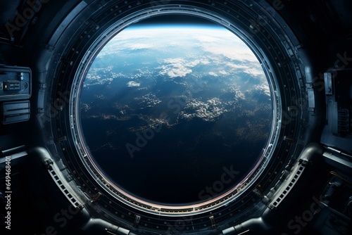 View of Earth through porthole in ISS cockpit, symbolizing rocket launch, exploration, and research. Generative AI