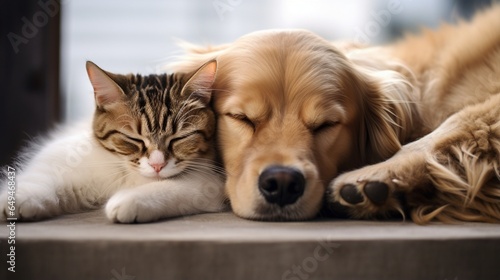 a dog and a cat, fast asleep in each other's company, creating a heartwarming tableau of interspecies friendship