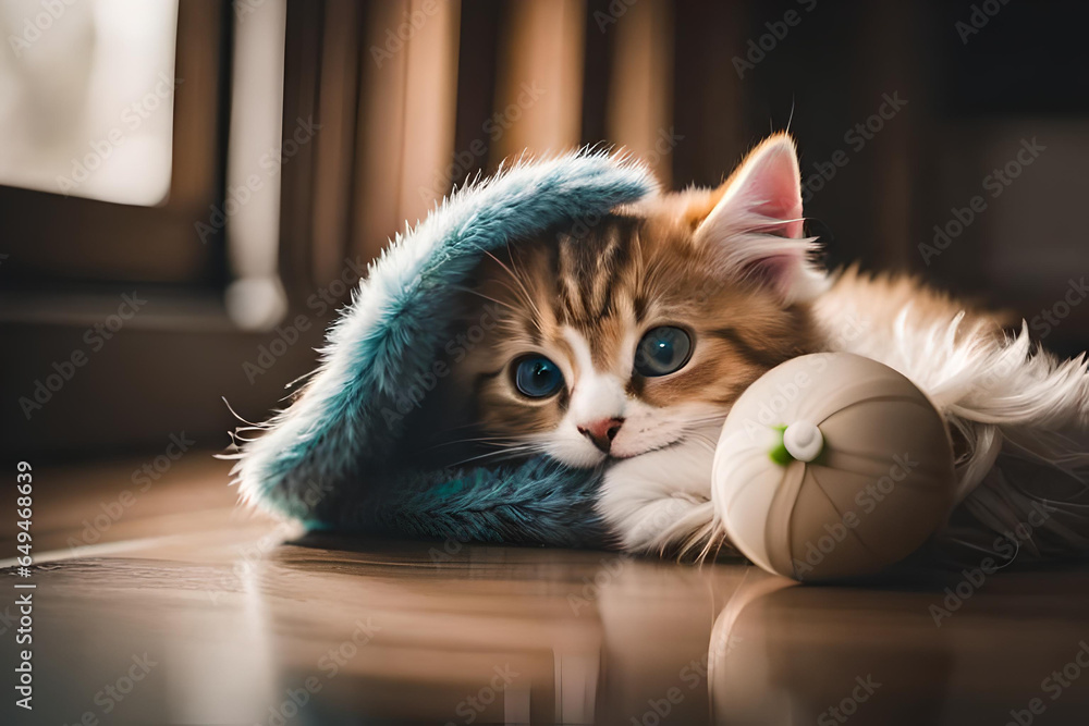 Cute little red kitten sleeps on fur white blanket.