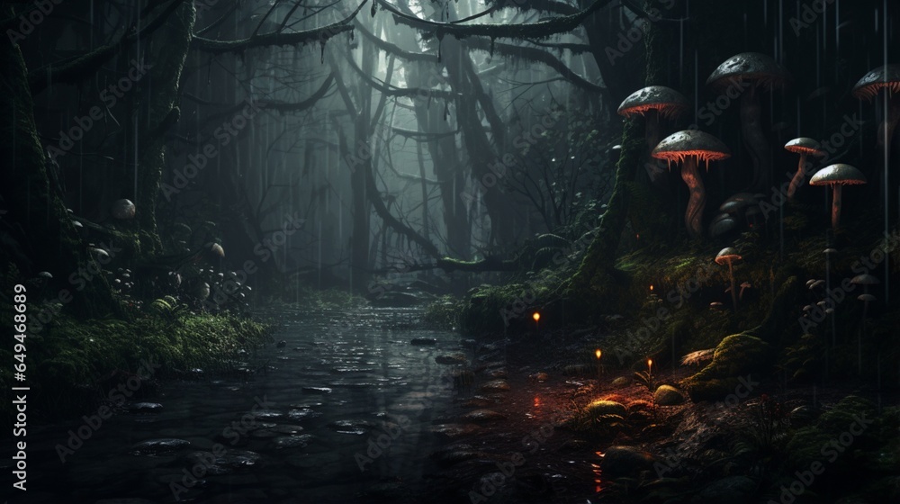 a forest glade during a gentle rain, where the forest floor comes alive with fungi and dew-covered spiderwebs - obrazy, fototapety, plakaty 