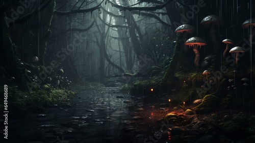 a forest glade during a gentle rain, where the forest floor comes alive with fungi and dew-covered spiderwebs