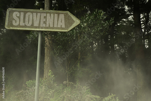 old signboard with text slovenia near the green sinister forest