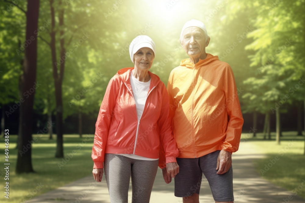 Two smiling elderly people, woman and men, in orange sportswear, in the summer in the park Two smiling elderly people, woman and men, in orange sportswear, in the summer in the park