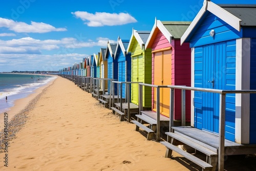 Vibrant beach huts on pier promenade in Southwold, Suffolk on a sunny day. Generative AI