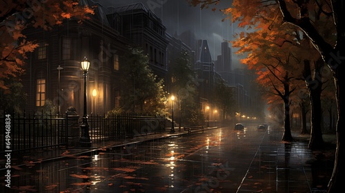 a gentle rain, where the glow of streetlights reflects off wet streets, creating a sense of urban magic