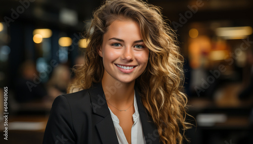 A confident businesswoman, smiling with elegance, looking at camera generated by AI