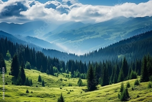 Scenic Carpathian Mountains with cloudy sky and partially visible fir forest. Generative AI