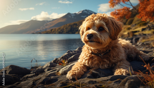 Cute puppy sitting outdoors, looking at camera, enjoying nature generated by AI