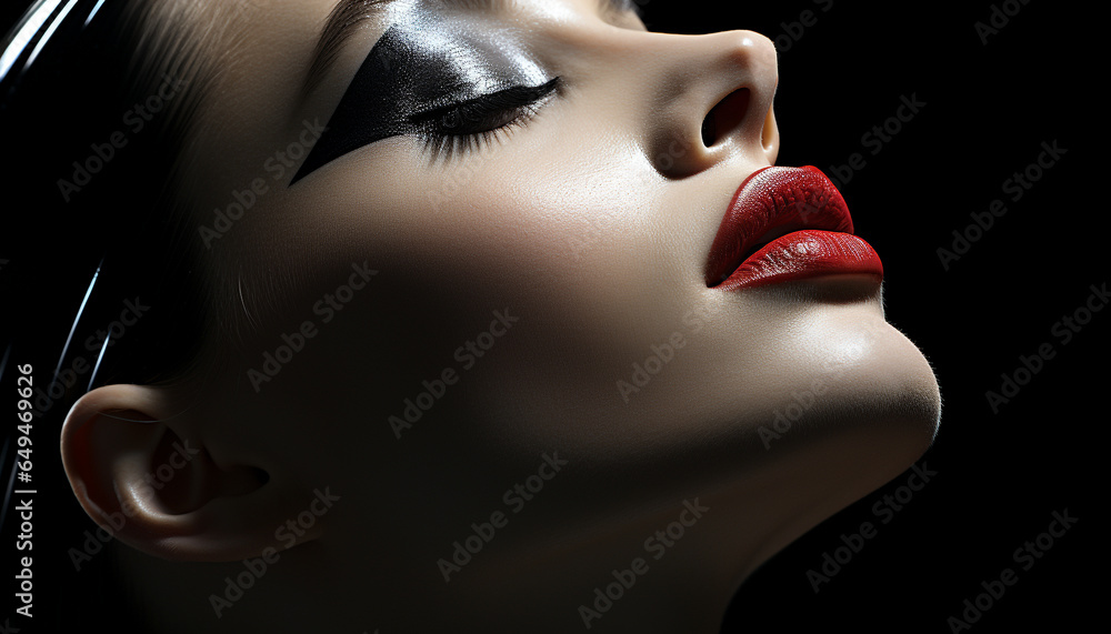 A beautiful young woman with dark hair and shiny lips generated by AI - obrazy, fototapety, plakaty 