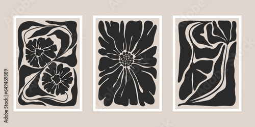 Abstract floral posters. Hand drawn flowers naive art style, contemporary botanical elements for print. Vector illustration