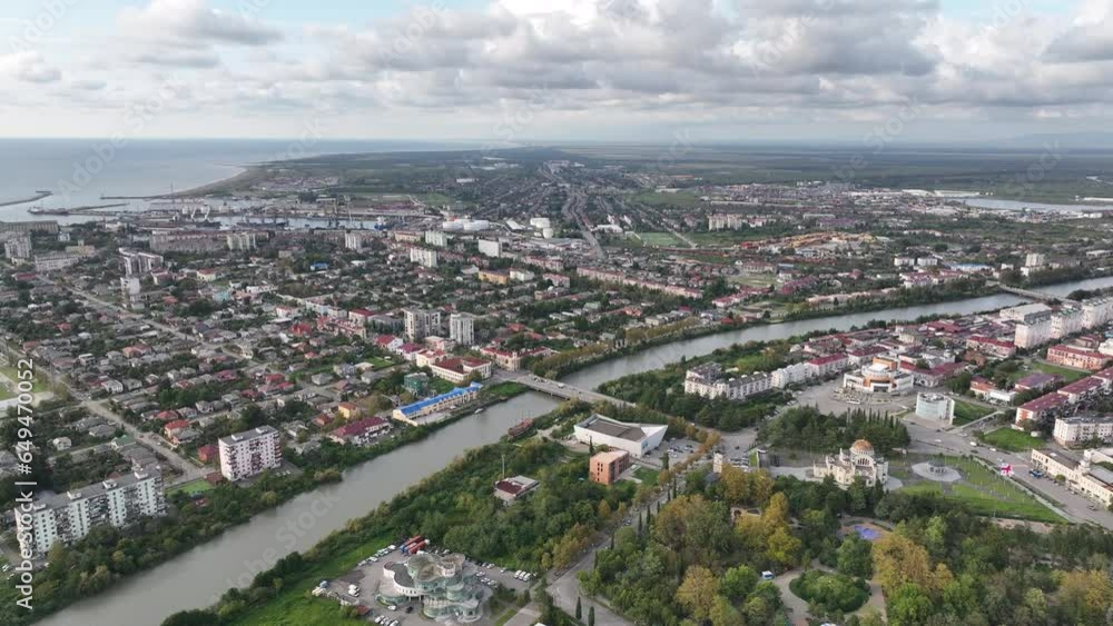 Scenic view from drone of Georgian port city of Poti located at entrance of Rioni river into Black Sea on sunny Autumn day, Samegrelo-Zemo Svaneti region. Scenic view from drone of Georgian port city of Poti located at entrance of Rioni river into Black Sea on sunny Autumn day, Samegrelo-Zemo Svaneti region.