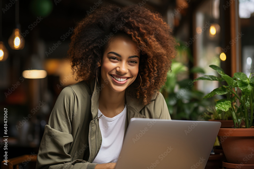 Attractive happy black woman with short curly hair working on laptop in cafe or coworking space. Close up Attractive happy black woman with short curly hair working on laptop in cafe or coworking space. Close up