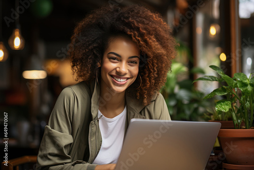 Attractive happy black woman with short curly hair working on laptop in cafe or coworking space. Close up