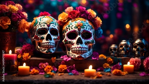 Day of the dead background, La Catrina, mexican skull, flowers, altar and candles festive banner with copy space text 