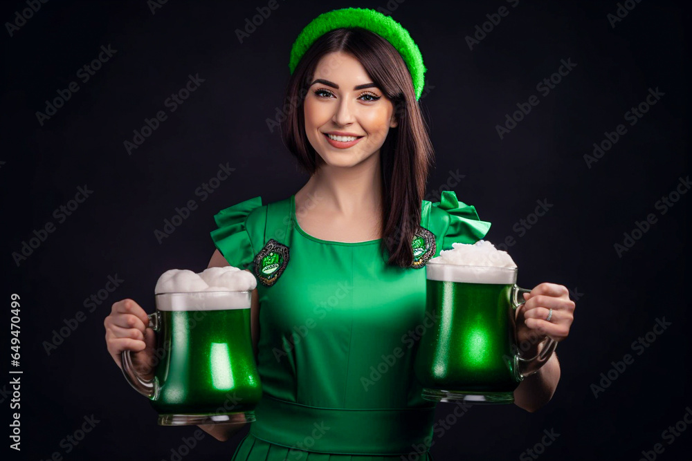 Beautiful young brunette girl in green leprechaun costume with two mugs of beer on black background. Selective focus. Beautiful young brunette girl in green leprechaun costume with two mugs of beer on black background. Selective focus.