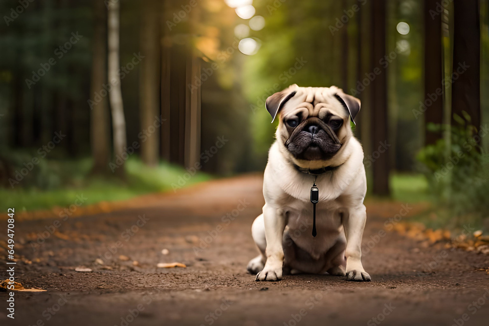 A pug dog on a dirt road with a green background - obrazy, fototapety, plakaty 