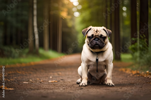 A pug dog on a dirt road with a green background photo