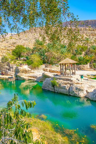 View of the Wadi Bani Khalid oasis in the desert in Sultanate of Oman. photo