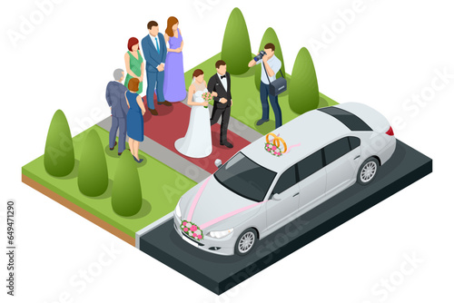 Wedding car decoration. Isometric limousine in wedding day. The bride and groom near the wedding limousine