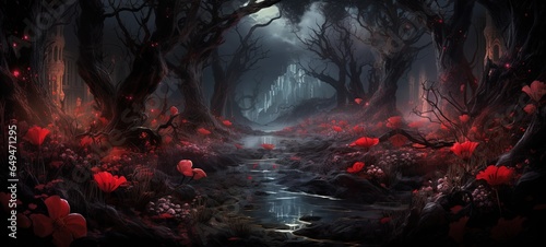 painting style illustration, mysterious way path in red forest with fog and misty atmosphere, Generative Ai © QuietWord