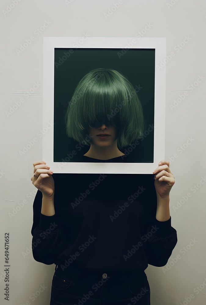 a woman hold blank frame to crop her head in the frame, artistic portrait, Generative Ai a woman hold blank frame to crop her head in the frame, artistic portrait, Generative Ai