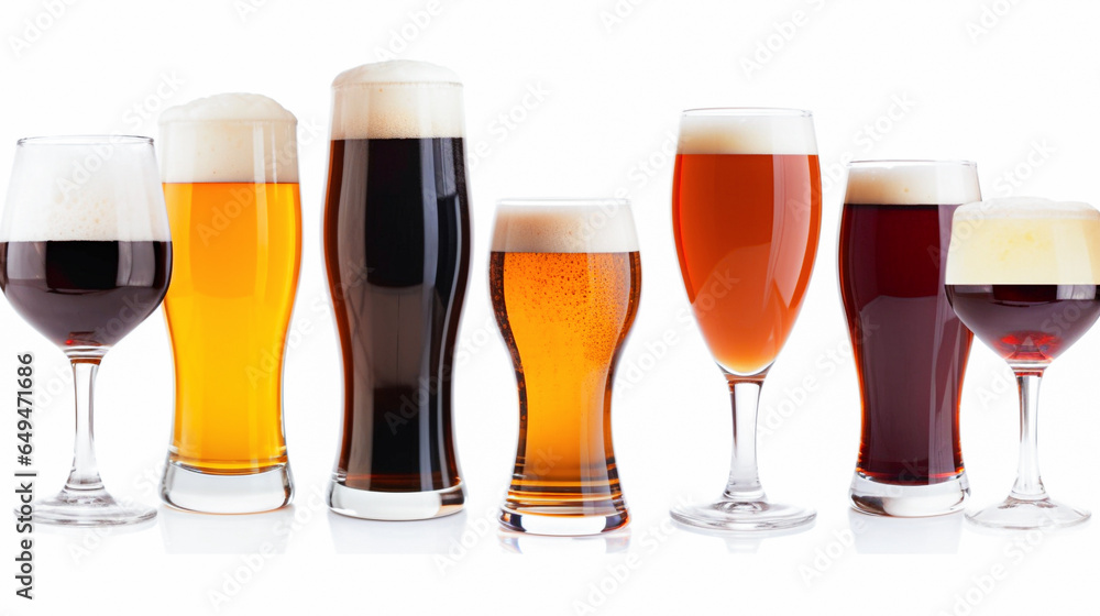 Set of different beer glasses isolated on white background, clipping path included. Selective focus. Set of different beer glasses isolated on white background, clipping path included. Selective focus.