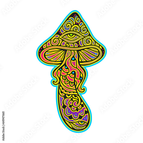 Psychedelic Magic Mushrooms. Vector illustration. Zen art. Decorative mushrooms, hippie, hallucination psilocybin 60s 70s