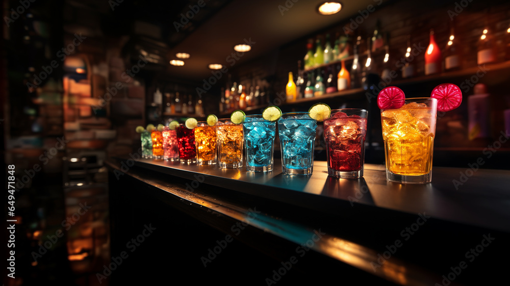 Fresh cocktails of all flavors served on the table of a nightclub