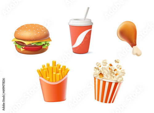 Fast food 3D icons set, street food 3d vector UI. Hamburger, soft drink, cola, fried chicken wing, french fries popcorn