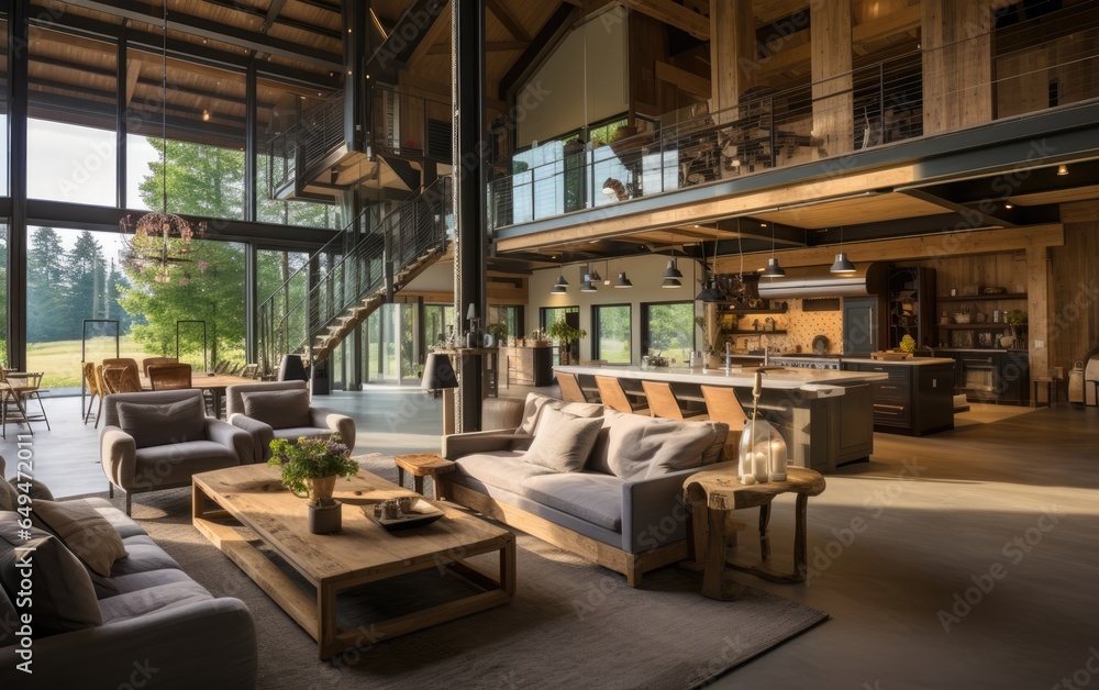 Modernized barn house with high ceilings and industrial accents. Generative AI