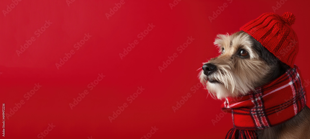 Cute Dog Dressed in a Red Scarf and Hat with Space for. Copy Stock ...