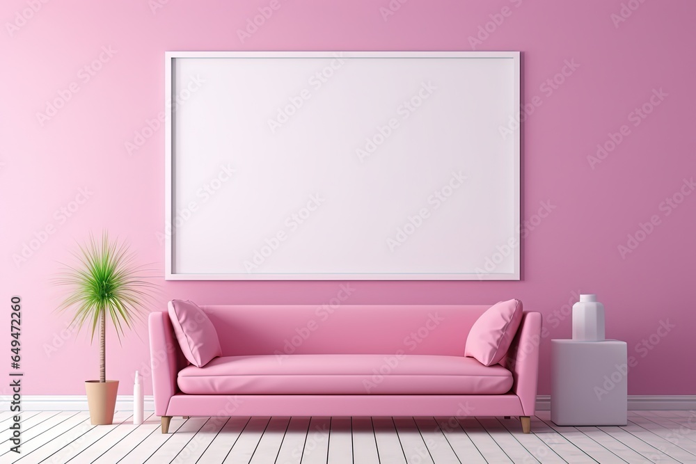 minimal comfy mood living room with a pink sofa and empty art wall hanging frame on pink wall, mockup idea, Generative Ai minimal comfy mood living room with a pink sofa and empty art wall hanging frame on pink wall, mockup idea, Generative Ai