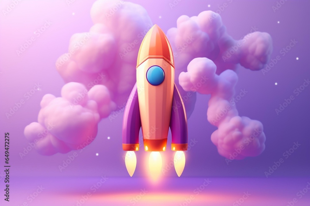 3D purple rocket launches on a peach background, symbolizing startup concept. Generative AI