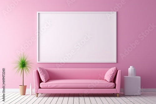 minimal comfy mood living room with a pink sofa and empty art wall hanging frame on pink wall  mockup idea  Generative Ai 